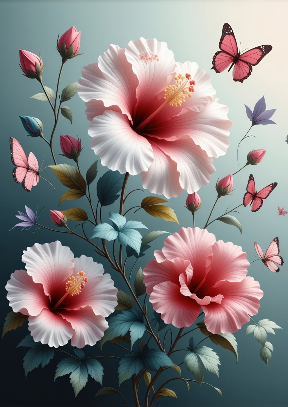 Beautiful Floral Illustration with Butterflies and Pink Hibiscus - heyvidashop