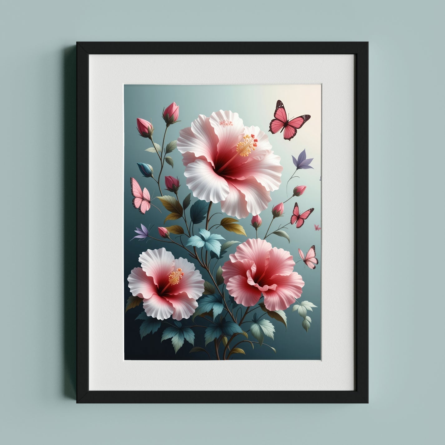 Beautiful Floral Illustration with Butterflies and Pink Hibiscus - heyvidashop