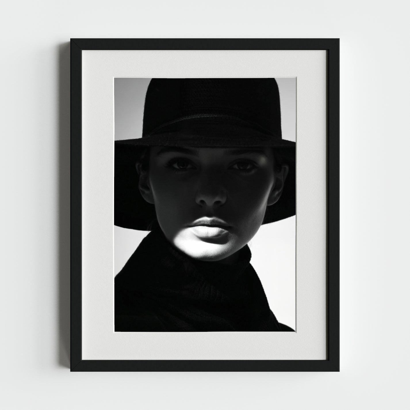 Black and White Portrait of a Woman in Shadow and Hat - heyvidashop