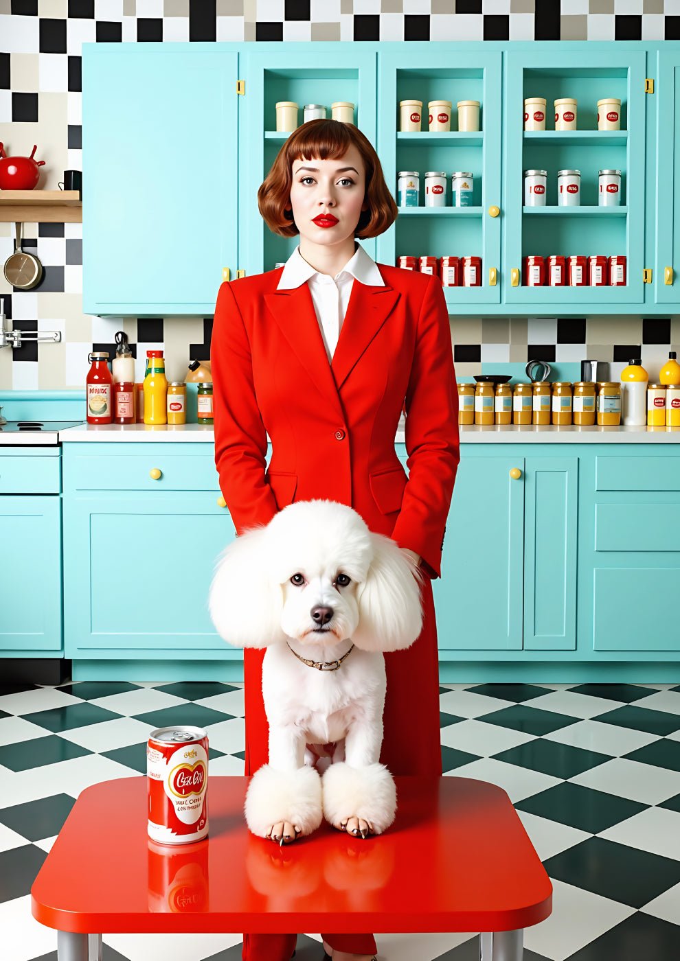 Colorful Retro Kitchen Portrait of a Woman in Red with Dog - heyvidashop