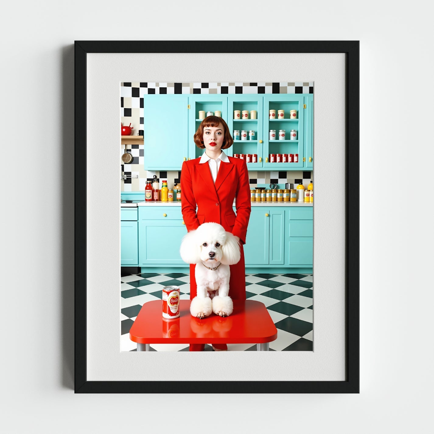 Colorful Retro Kitchen Portrait of a Woman in Red with Dog - heyvidashop