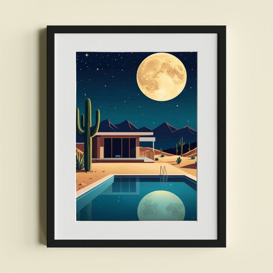 🌵 Desert Moon Reflections – Minimalist Poolside Art Print 🌙 - heyvidashop