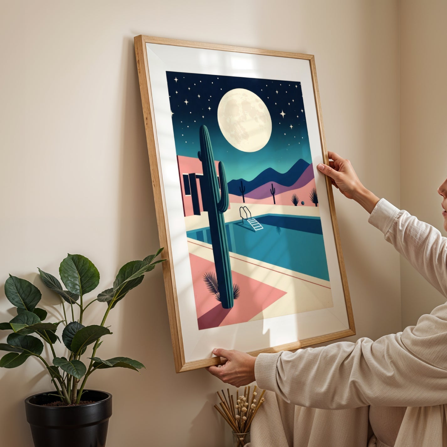 🏜️ Desert Moonrise – Pastel Dreamscape Art Print 🌙 - heyvidashop