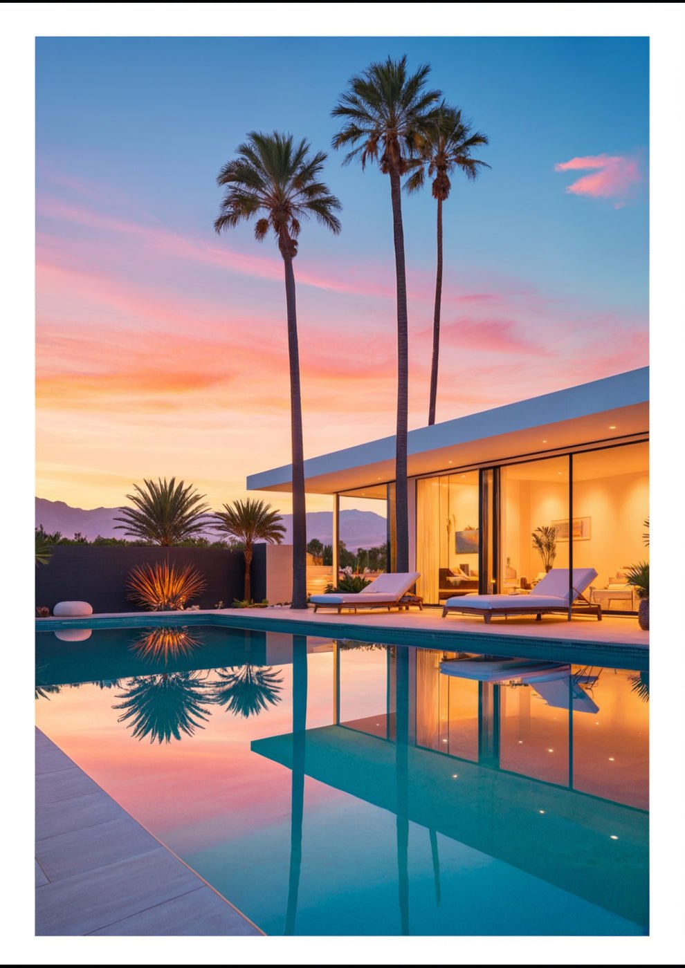 Digital Illustration of a Modern Luxury Villa with Pool at Sunset - heyvidashop