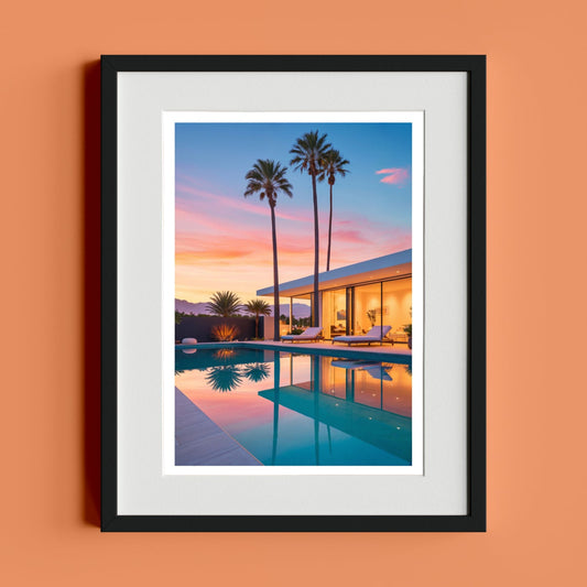 Digital Illustration of a Modern Luxury Villa with Pool at Sunset - heyvidashop