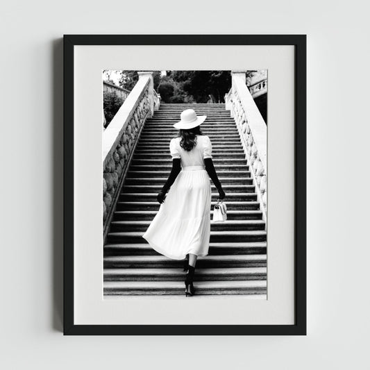 Elegant Black and White Portrait of a Woman on a Staircase - heyvidashop