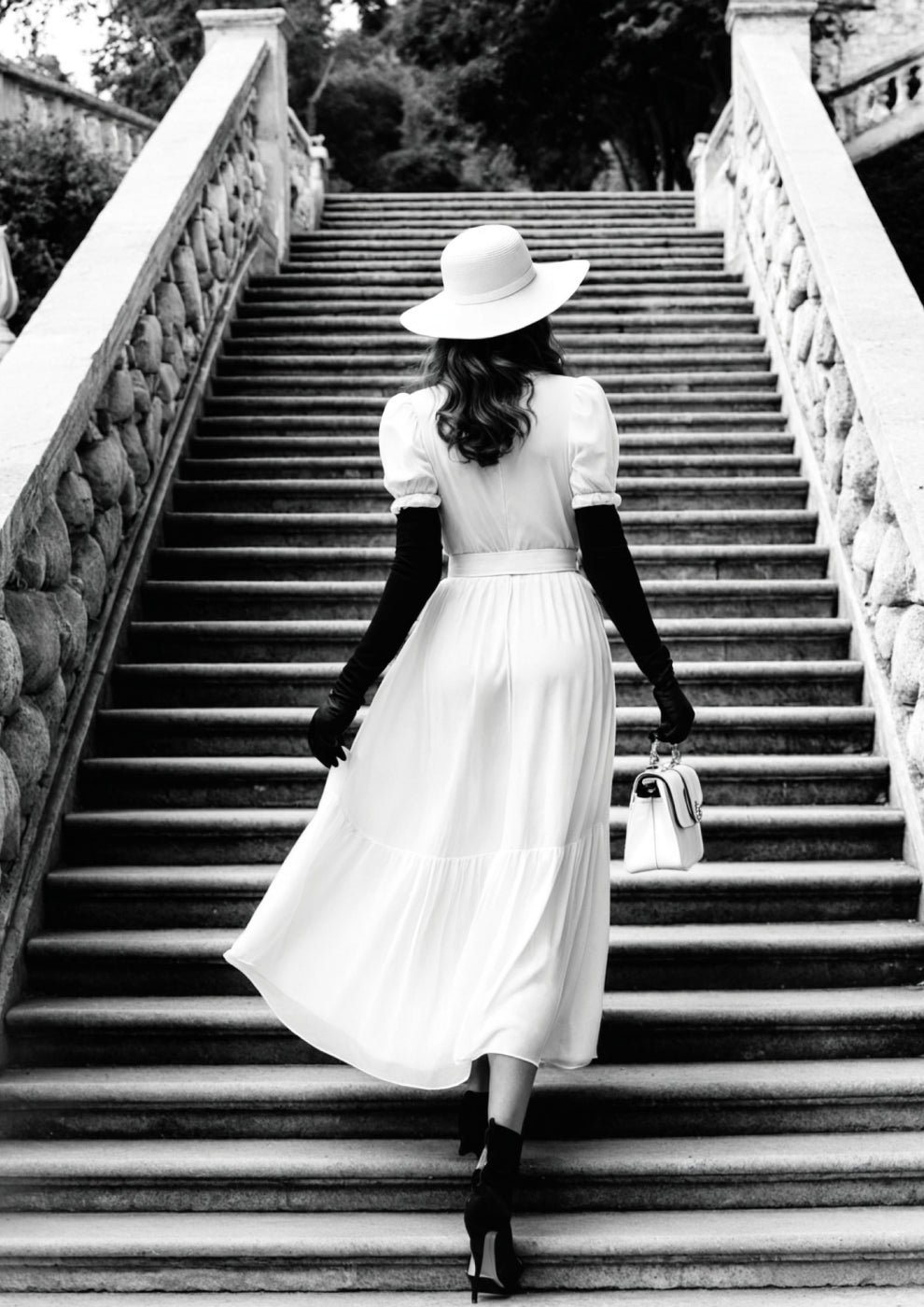 Elegant Black and White Portrait of a Woman on a Staircase - heyvidashop