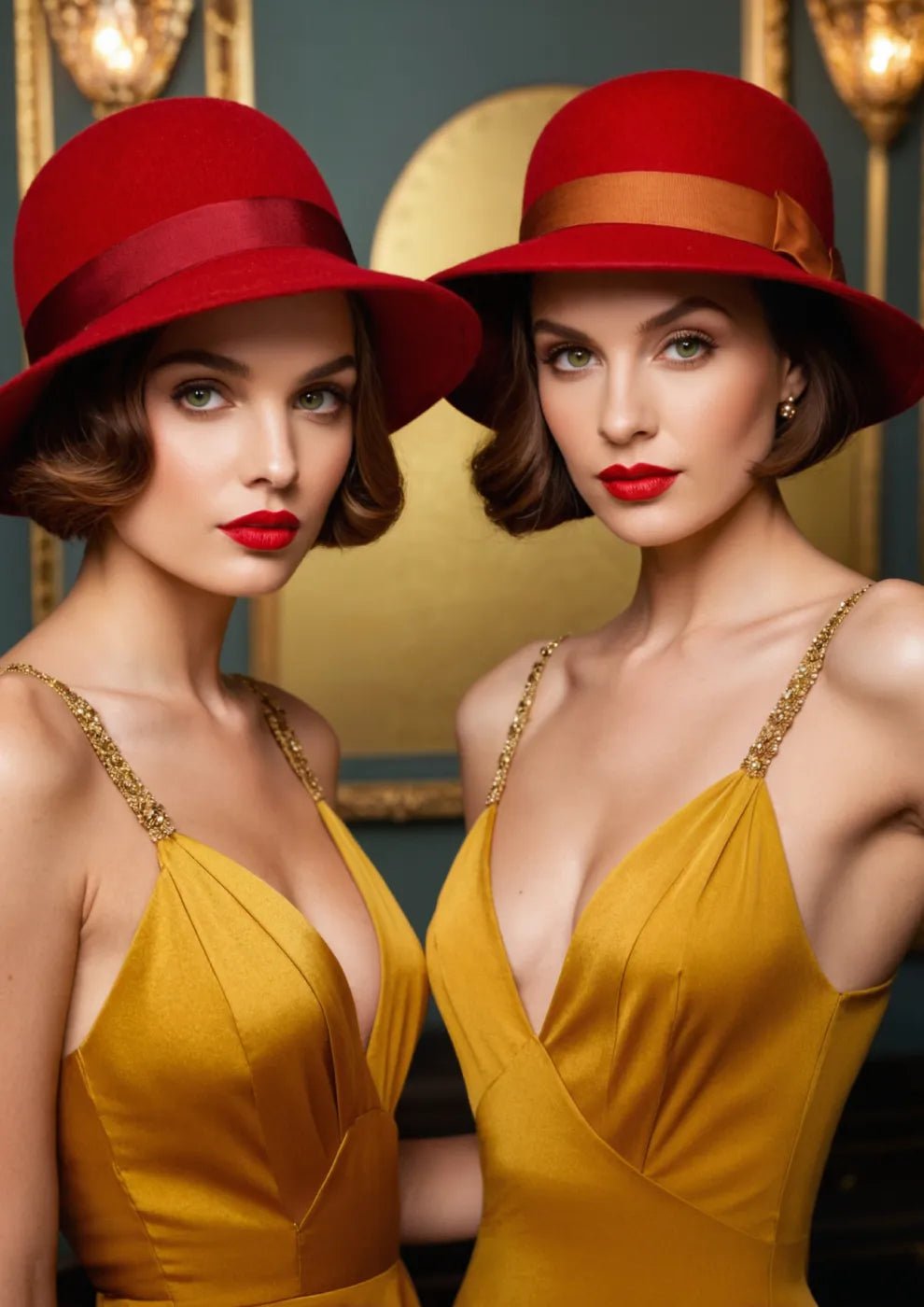 Elegant Duo in Red Hats and Gold Dresses - heyvidashop