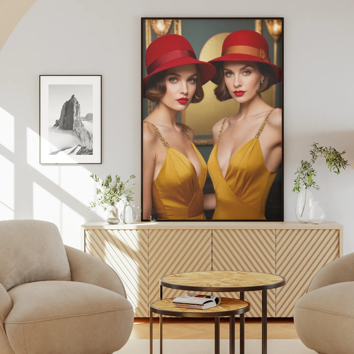 Elegant Duo in Red Hats and Gold Dresses - heyvidashop