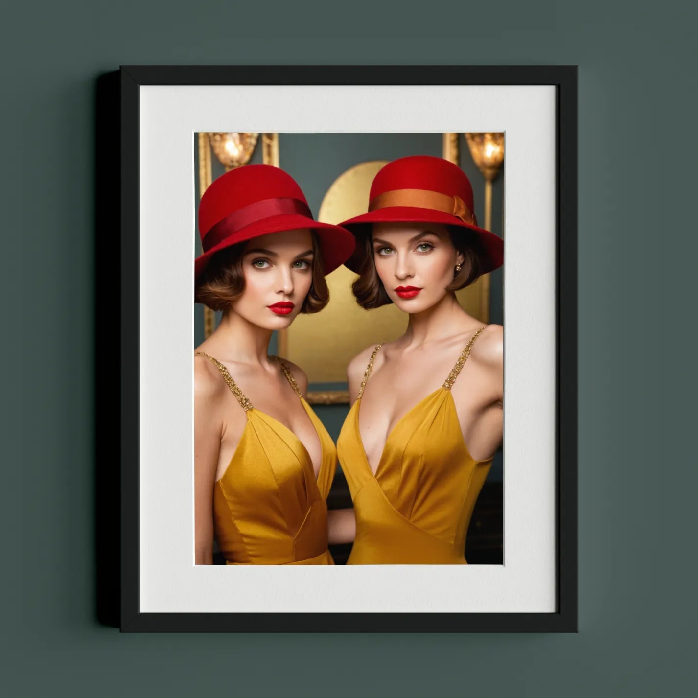 Elegant Duo in Red Hats and Gold Dresses - heyvidashop