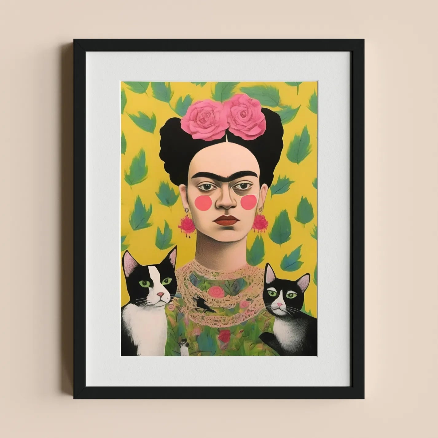 Frida Kahlo with Cats and Yellow Background - heyvidashop