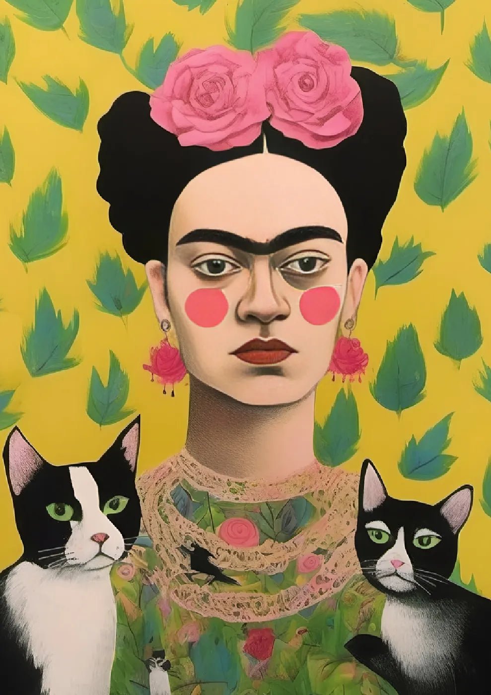 Frida Kahlo with Cats and Yellow Background - heyvidashop