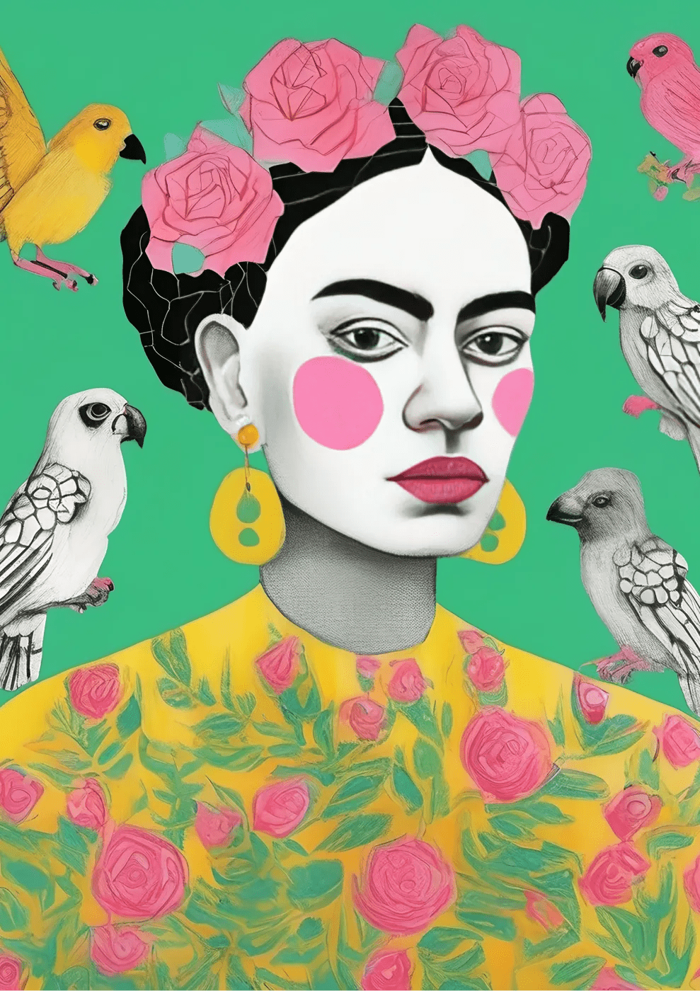 Frida Kahlo with Floral and Bird Motifs - heyvidashop