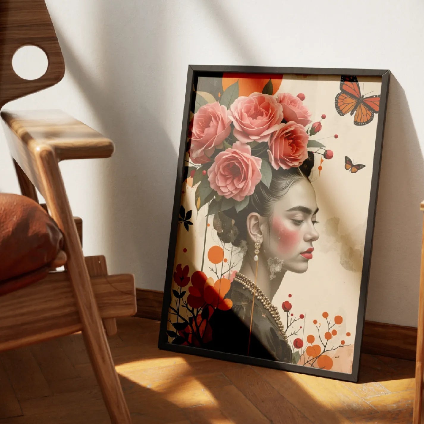 Frida Kahlo with Pink Roses and Butterflies - heyvidashop