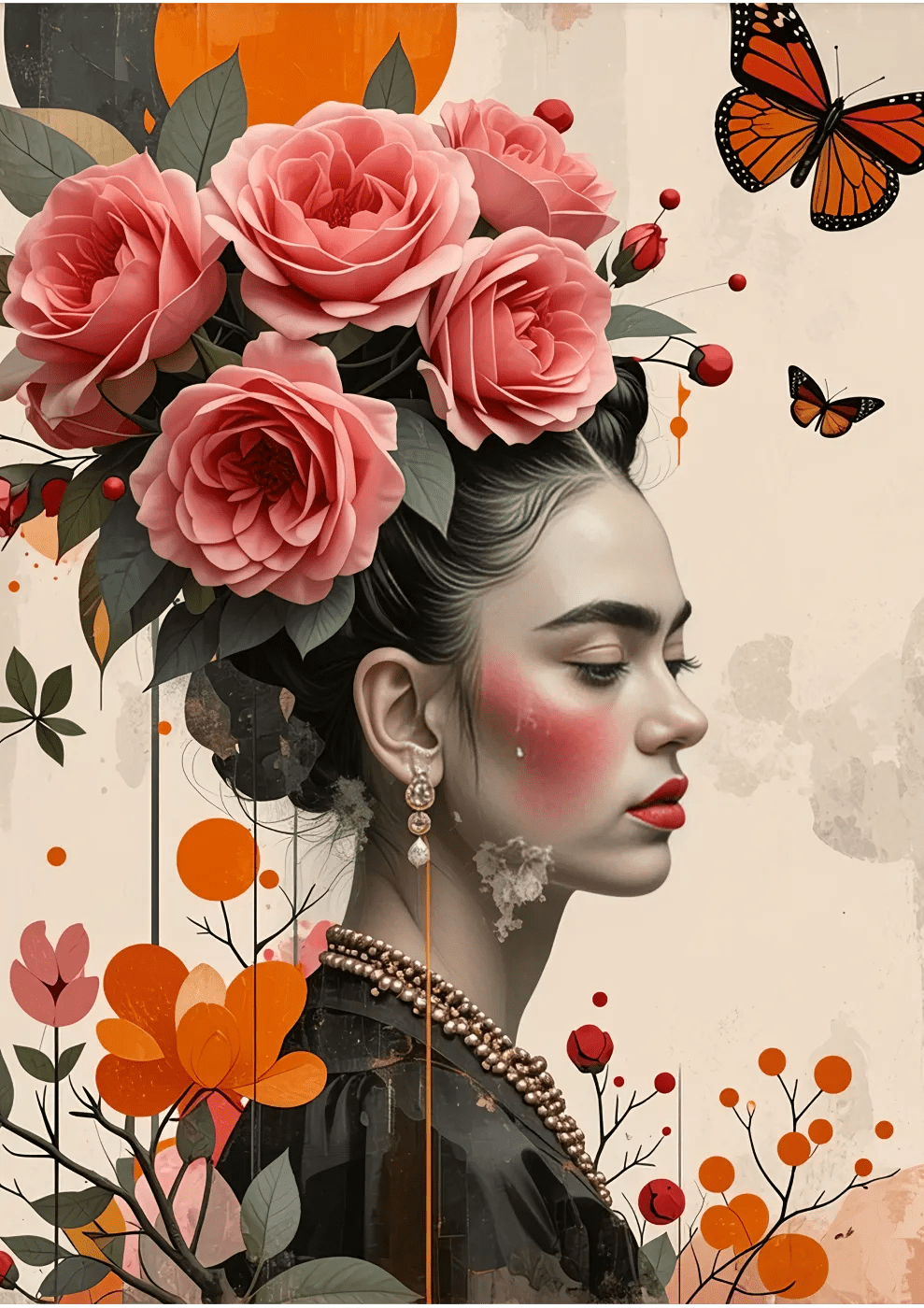 Frida Kahlo with Pink Roses and Butterflies - heyvidashop