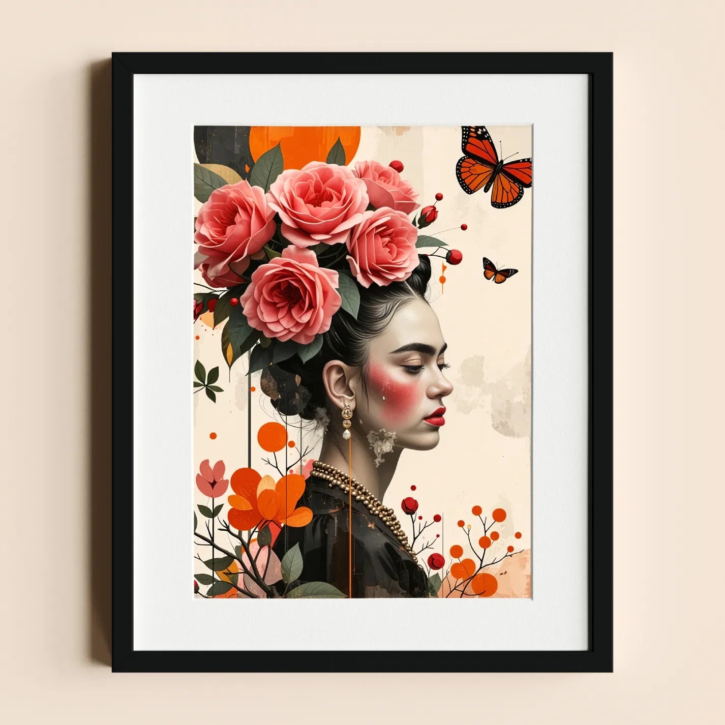 Frida Kahlo with Pink Roses and Butterflies - heyvidashop