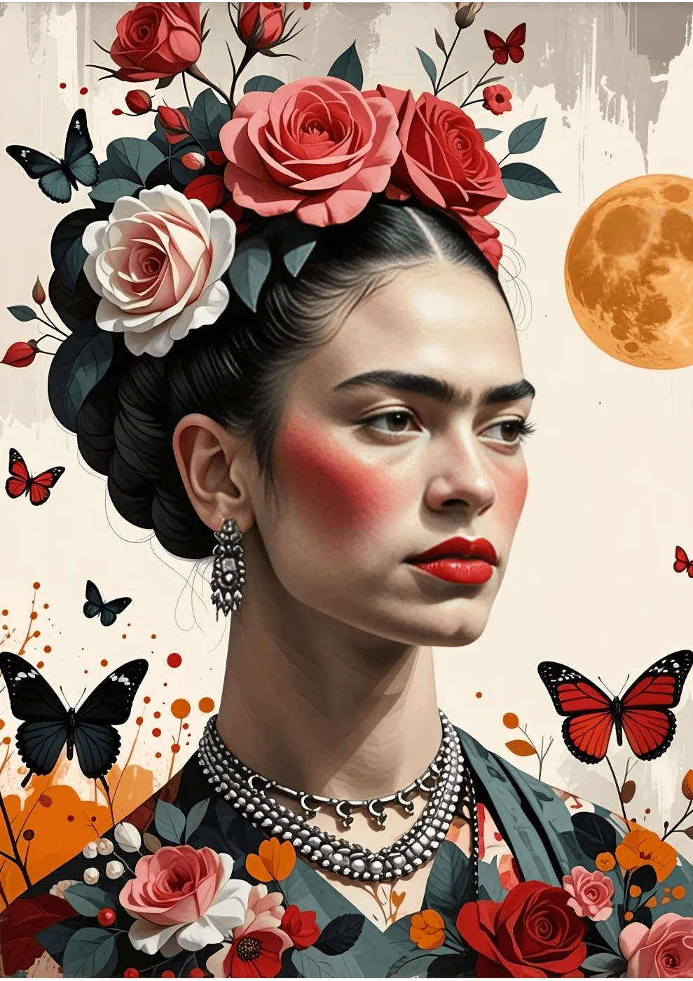 Frida Kahlo with Roses and Moon - heyvidashop