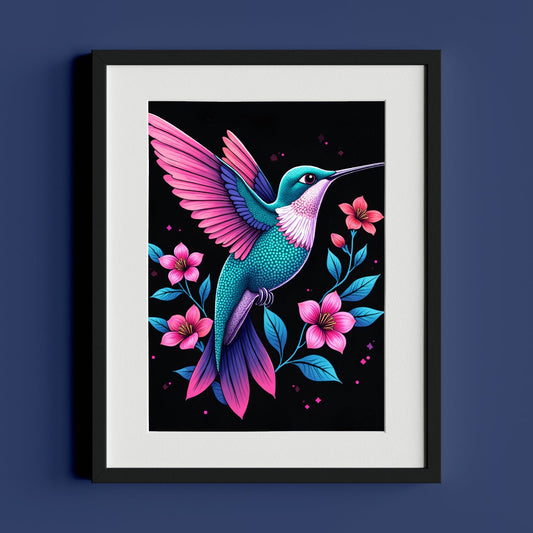 Graceful Hummingbird Illustration with Pink Blossoms - heyvidashop