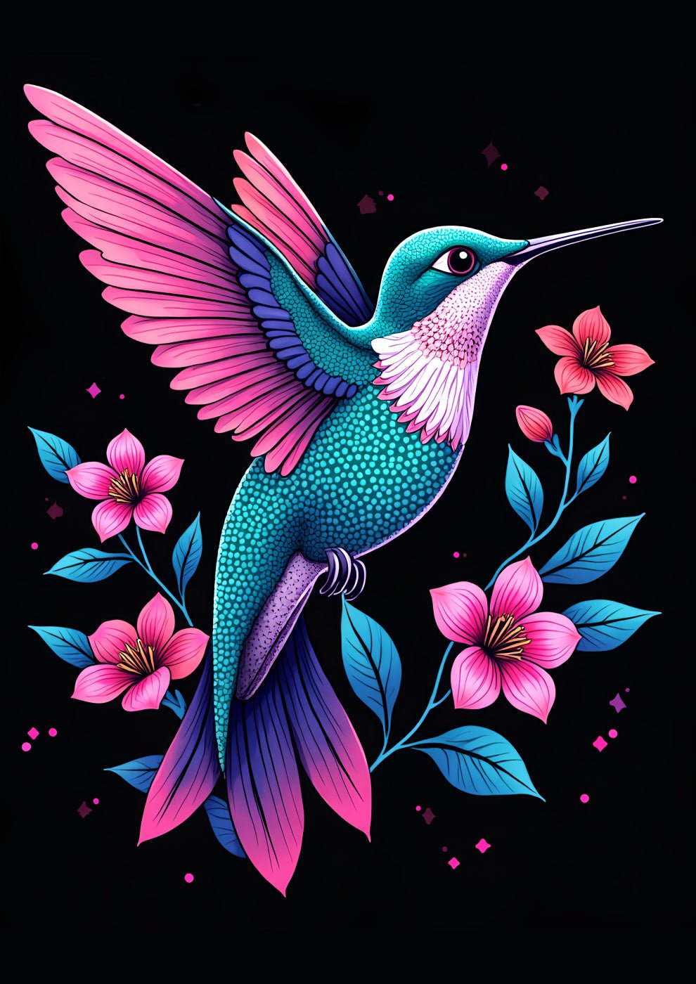 Graceful Hummingbird Illustration with Pink Blossoms - heyvidashop