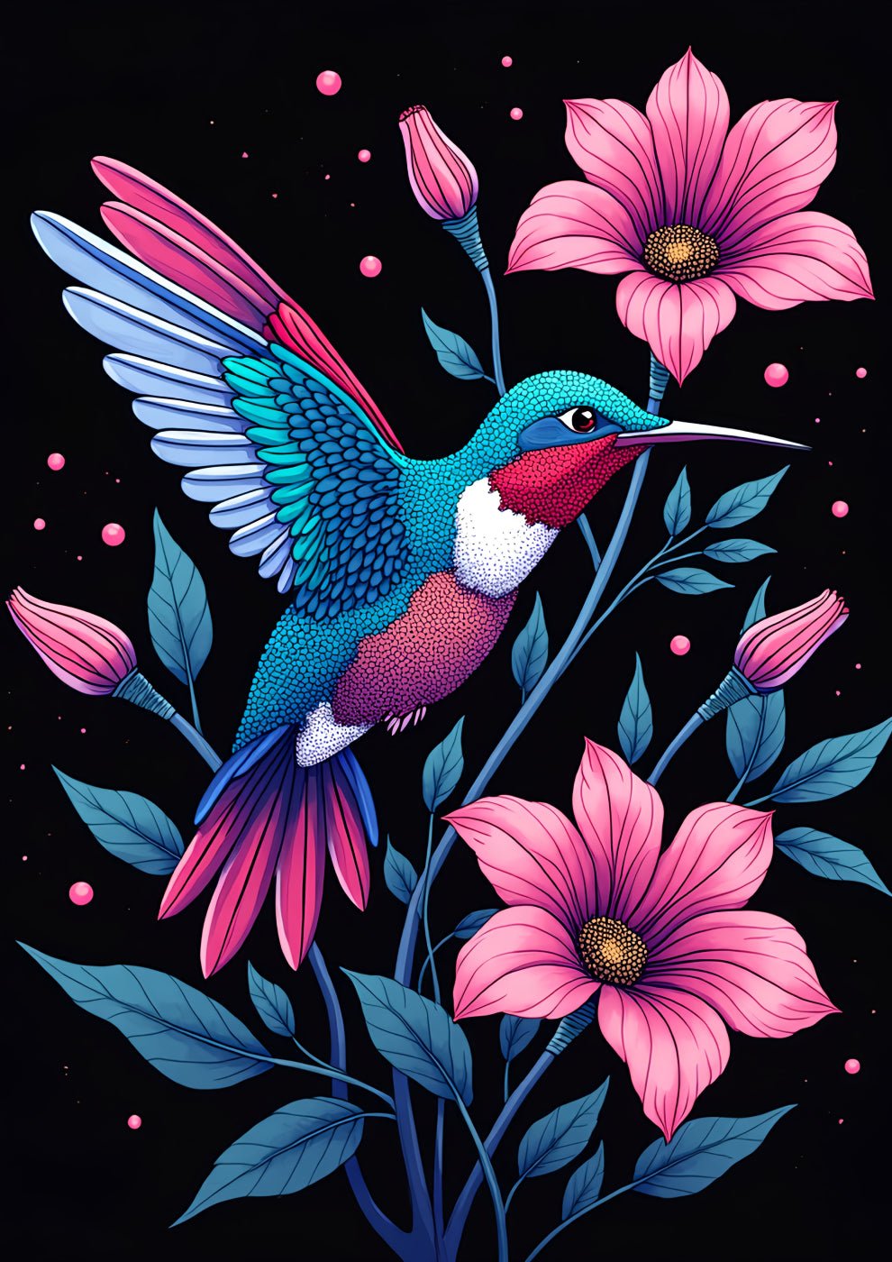 Hummingbird and Pink Flowers Illustration - heyvidashop