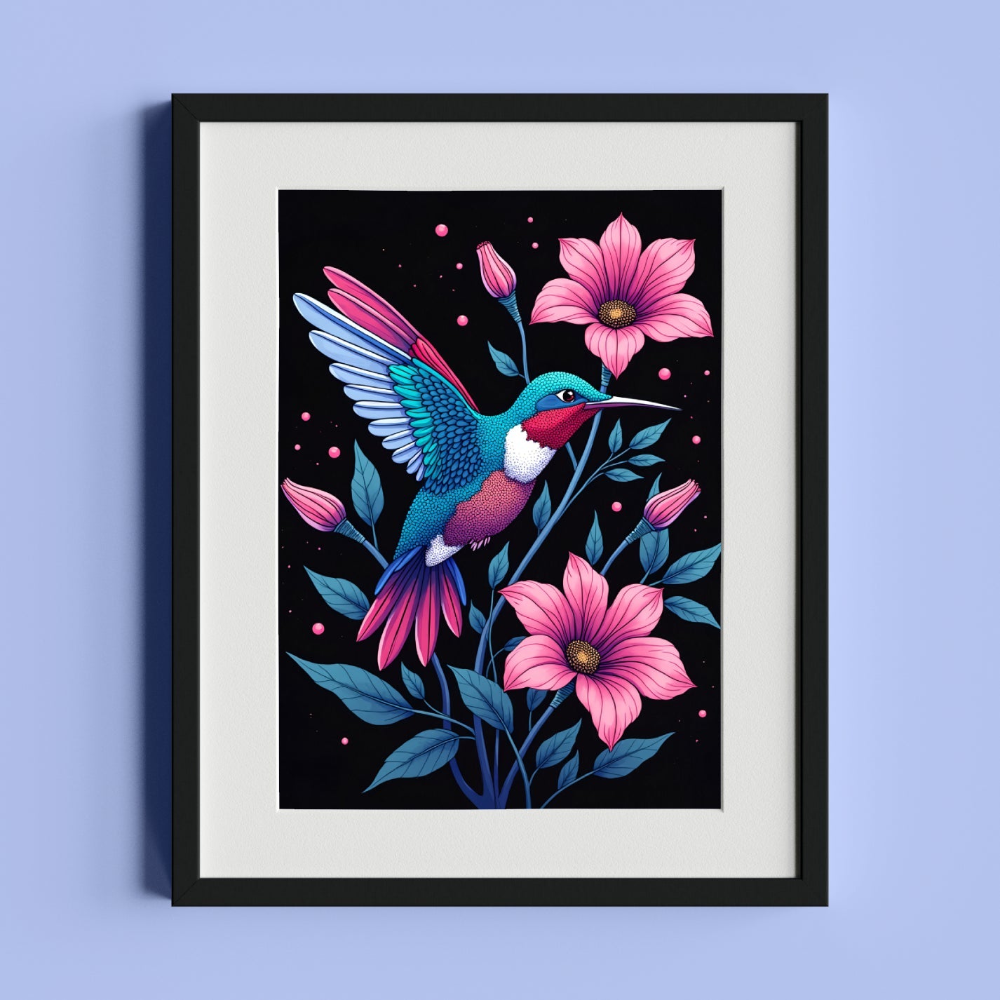 Hummingbird and Pink Flowers Illustration - heyvidashop