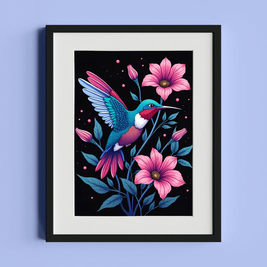 Hummingbird and Pink Flowers Illustration - heyvidashop