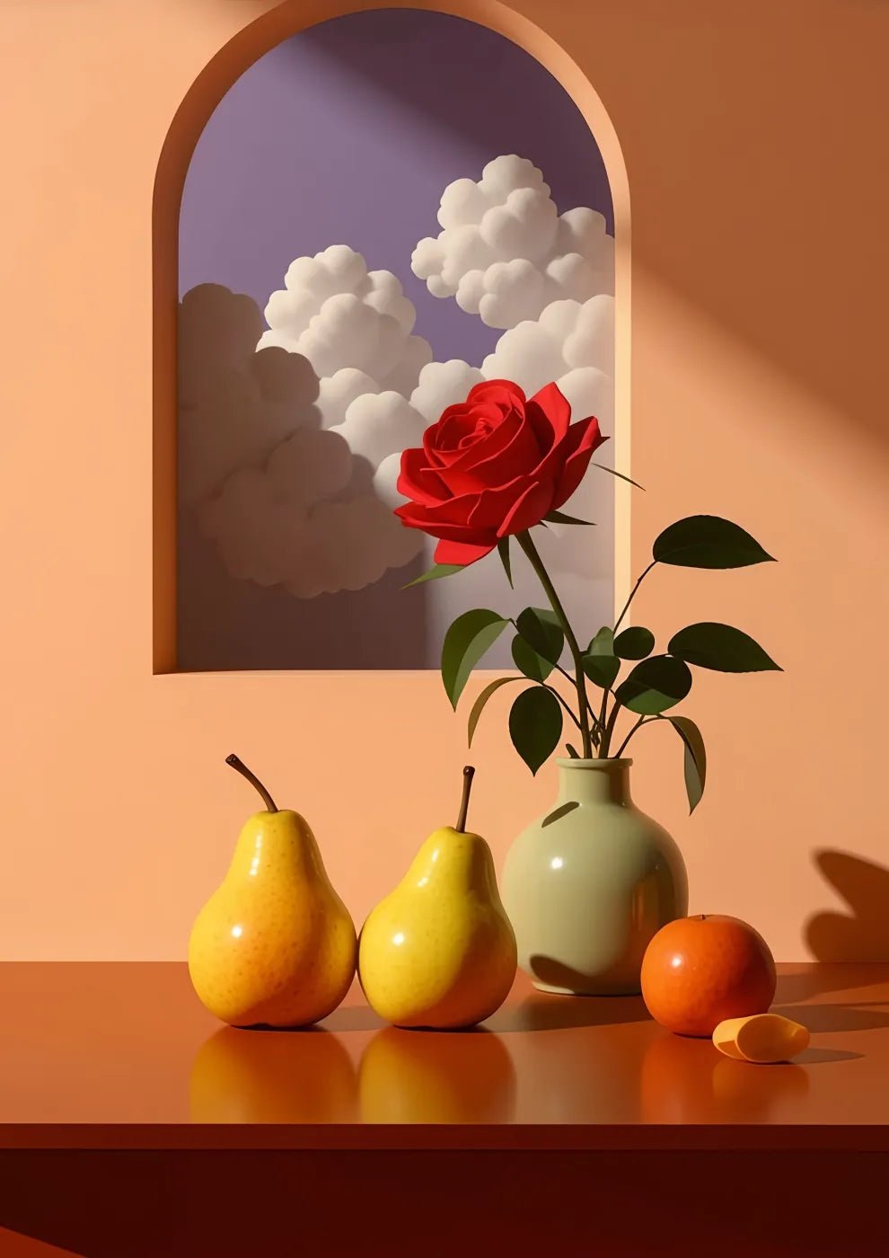 Modern Still Life Art with Pears and Red Rose - heyvidashop