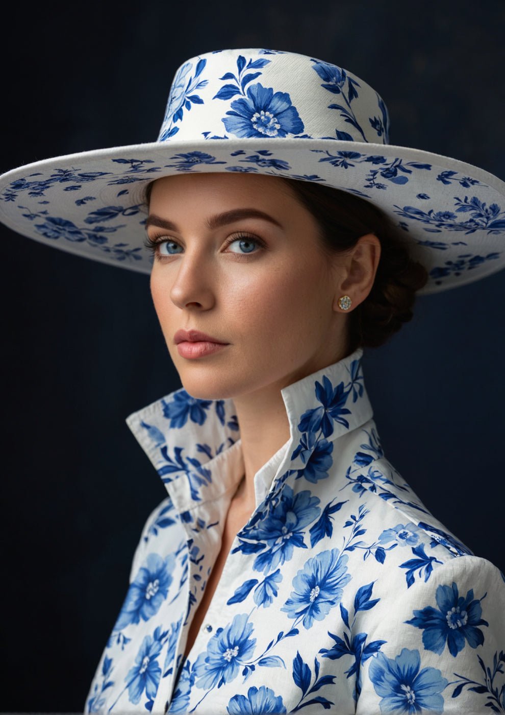 Portrait of a Woman in Blue Floral Hat and Matching Outfit - heyvidashop