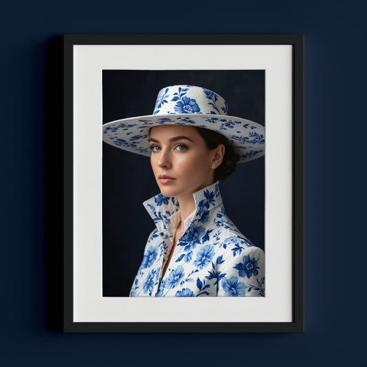 Portrait of a Woman in Blue Floral Hat and Matching Outfit - heyvidashop