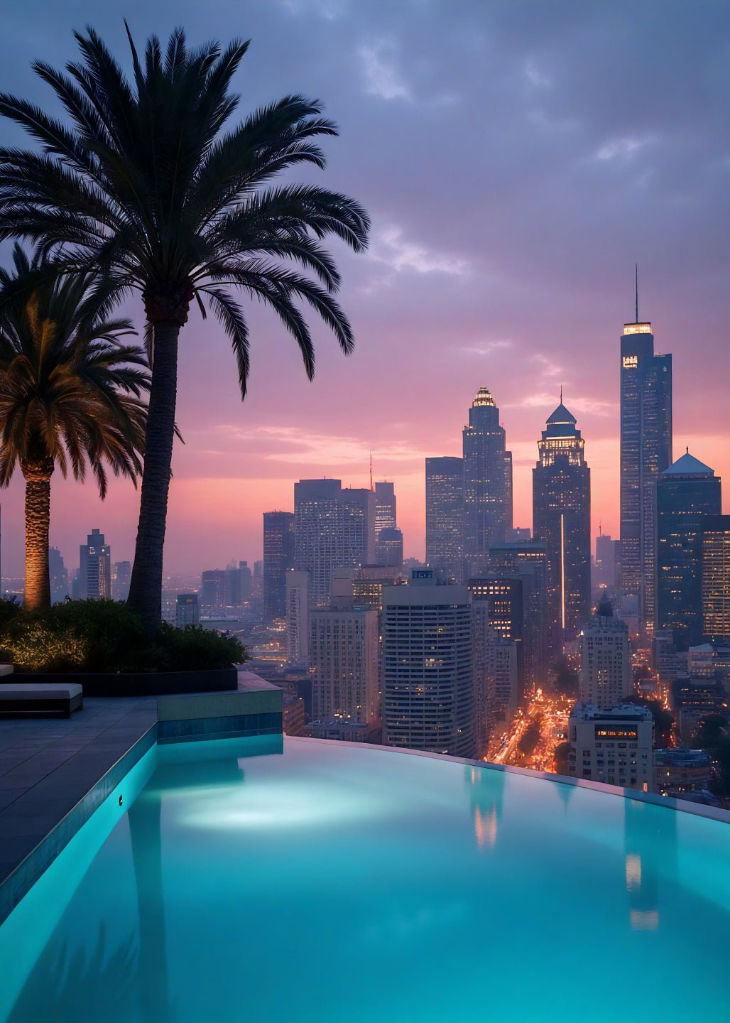 Sunset Cityscape – Infinity Pool with Urban Charm - heyvidashop