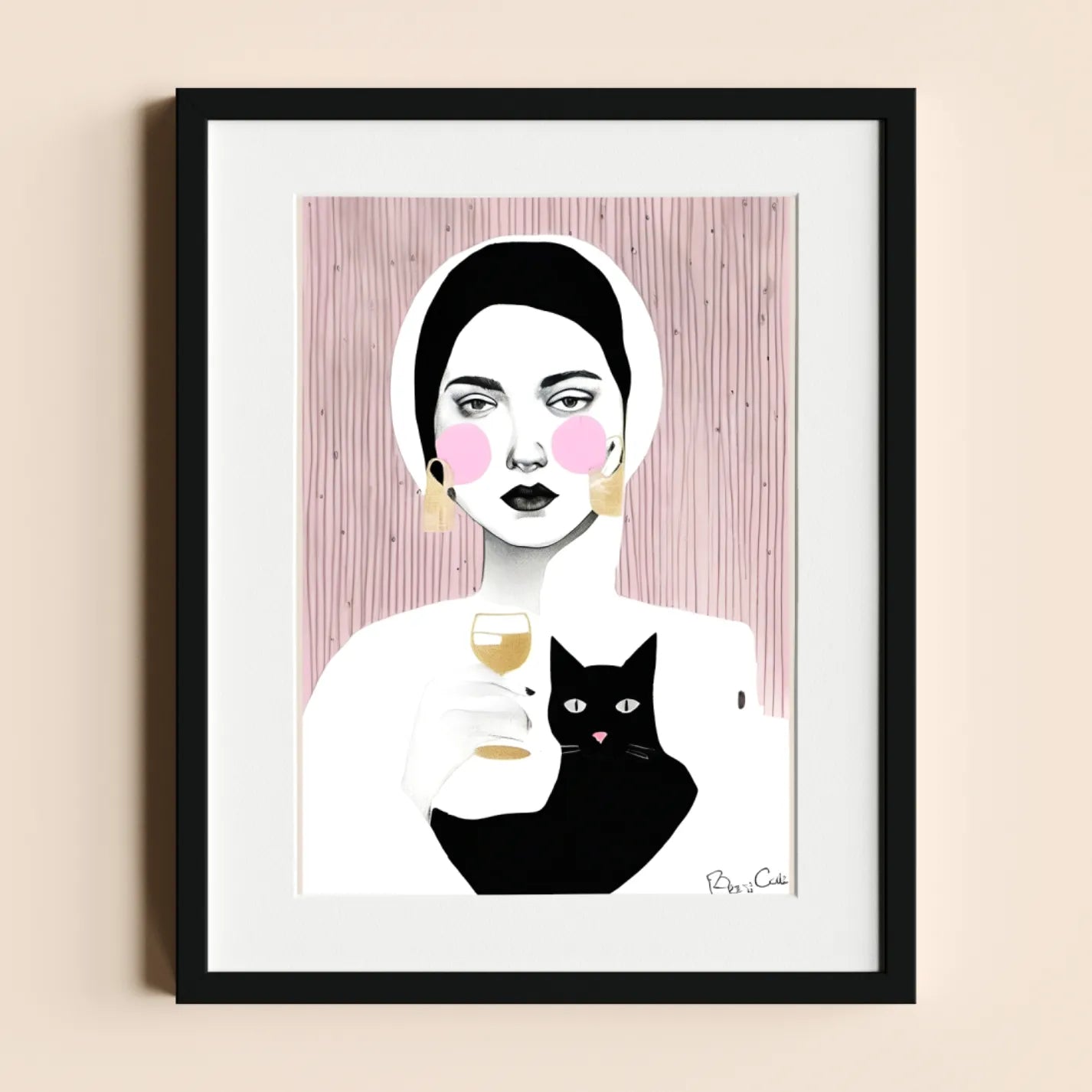 Woman with Cat and Wine Glass - heyvidashop